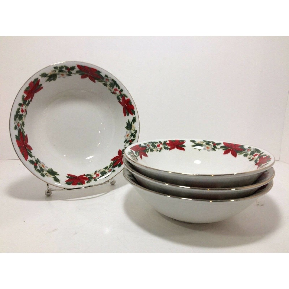 Set of 4 Vintage Gibson POINSETTIA HOLIDAY Christmas Soup/Cereal Bowls